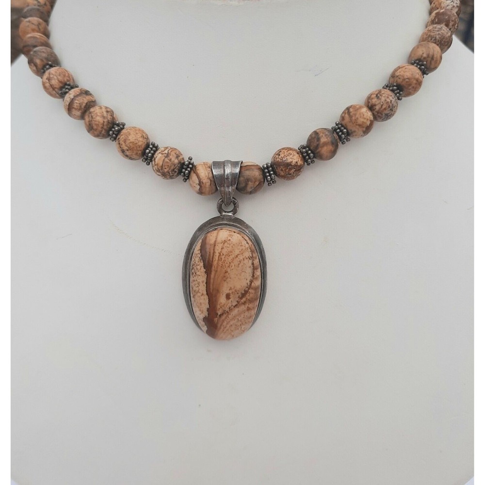Gorgeous sterling silver Picture Jasper necklace with beads and pendant.